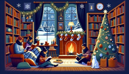Diverse individuals reading by a fireplace in a winter library with a snowy view and a decorated Christmas tree.