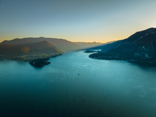 Aerial of Sunset in Lake Como Italy