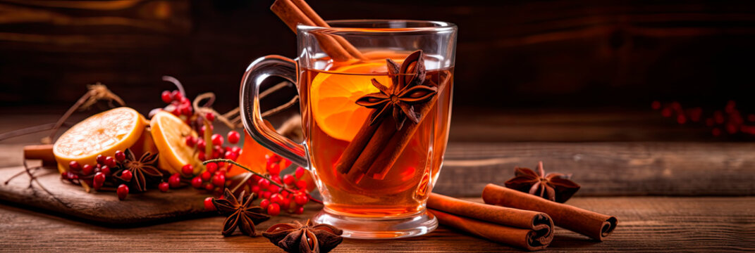 Hot mulled apple cider with with cinnamon sticks, cloves and anise on wooden table