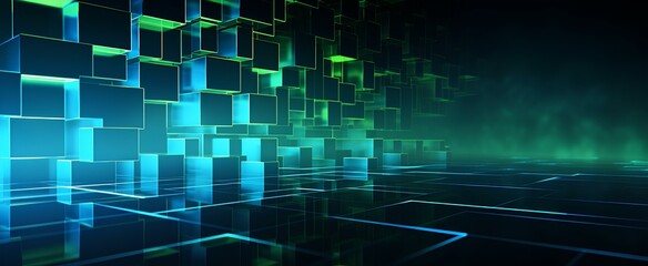 Obraz premium green and blue lines and squares, glowing with a sense of technology, dynamic wallpaper. generative AI