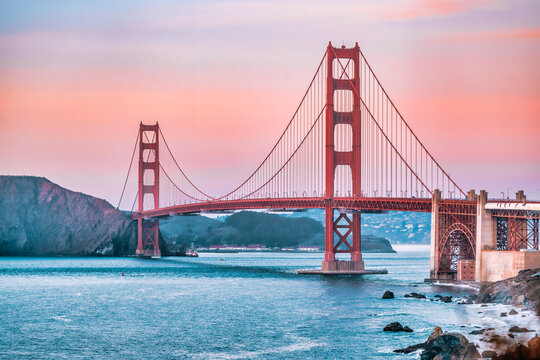 Beautiful view of the Golden Gate Bridge in San Francisco, pastel colors. Concept, travel, world attractions