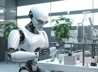 Fototapeta premium robot assistant helps a person in a laboratory, future concept