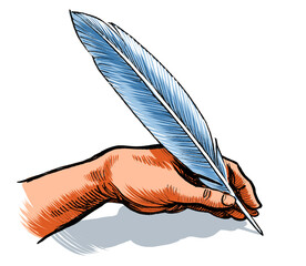 Hand writing with a quill pen. Hand-drawn ink on paper and hand colored on tablet