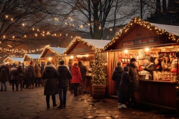 A bustling outdoor Christmas market, illuminated by twinkling lights, where warm drinks like hot cocoa and mulled wine are being served to cheerful customers