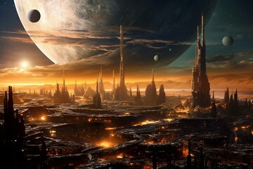 A futuristic city on another planet in the universe with space, a civilization, and a moon. Generative AI