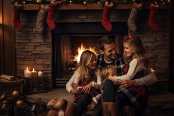 A heartwarming scene of a family hanging colorful Christmas stockings on a beautifully decorated fireplace mantel, eagerly anticipating Santa's visit - obrazy, fototapety, plakaty
