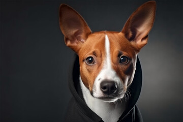 Brown and white dog in black hoodie