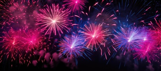 Multicolored fireworks on a dark background. Banner for the site. Place for text. Wallpaper for holidays. Festive light