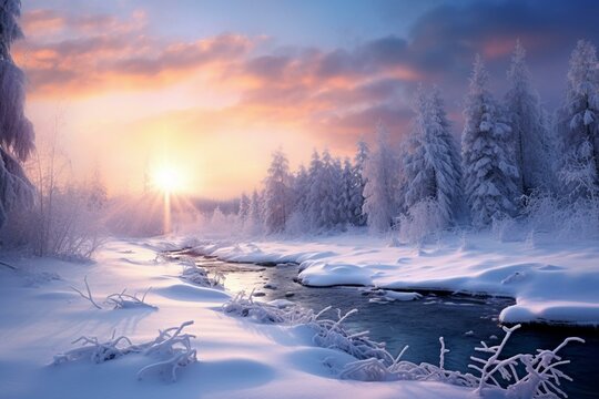 A scenic winter landscape covered in snow. Generative AI