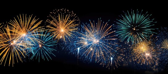 Naklejka premium Multicolored fireworks on a dark background. Banner for the site. Place for text. Wallpaper for holidays. Festive light