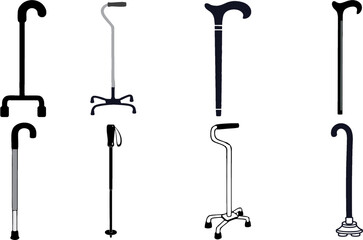 Walking sticks and crutches. Realistic canes as Medical supplies for old or injured disabled patient. Equipment for recovery and rehabilitation after accident. Editable vector, eps 10.