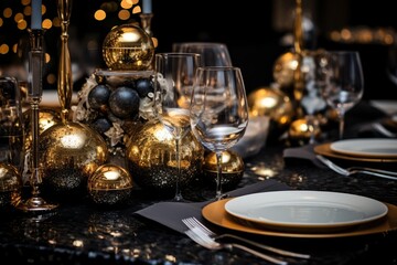 Fototapeta na wymiar A Lavish New Year's Eve Celebration Table Setting, Adorned with Elegant Glassware, Sparkling Decorations and Festive Party Favors