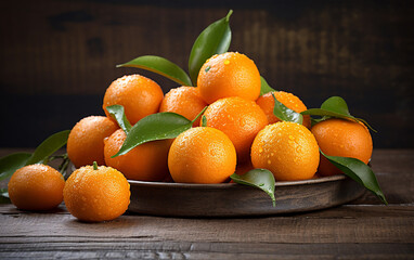 mandarin oranges fruit or tangerines with leaves on a wooden table