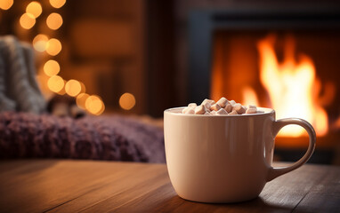 Mug with hot chocolate or cocoa with marshmallows on the table in a cozy living room with fireplace. Cozy winter day.