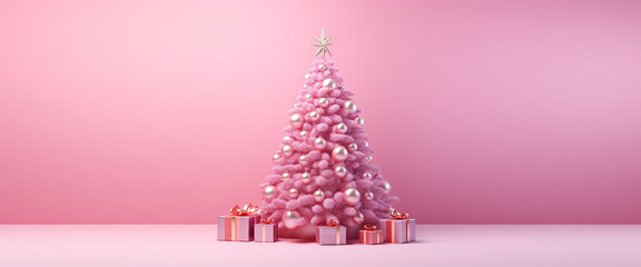 pink christmas tree on light pink background with place for text
