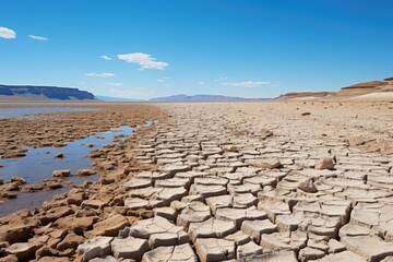 Fototapeta premium A barren landscape reveals cracked earth, where a once-flowing river or lake bed is now dry, an ominous testament to the consequences of global climate change and water scarcity.