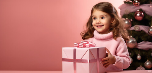 Fototapeta na wymiar christmas banner with place for text. cute little girl in pink sweater with gift boxes on pink background