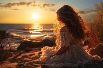 A portrait of a lonely girl sitting on the beach against the backdrop of the sea and the sunset - obrazy, fototapety, plakaty
