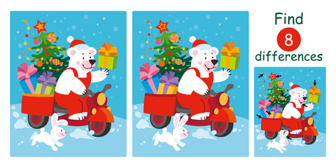 Cute funny white polar bear riding motorcycle in Santa Claus costume with gifts and Christmas tree. Find differences, education game for children. Flat vector illustration.
