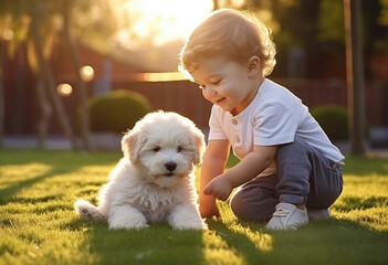 caucasian baby boy plays with his dog puppy outside of his home in the garden on the grass.