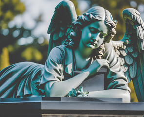 tragic sad angel statue at the cemetery, grave stone, generative ai - obrazy, fototapety, plakaty