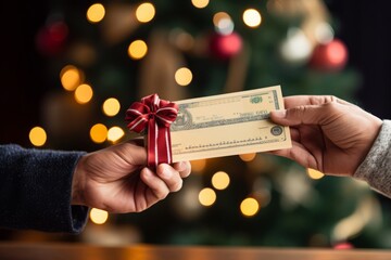 A Close-up Shot of a Hand Holding a Christmas Bonus Paycheck, Decorated with Festive Symbols and a...