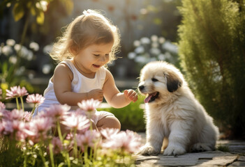 happy little baby girl plays with her dog puppy in the garden on sunny day - Powered by Adobe