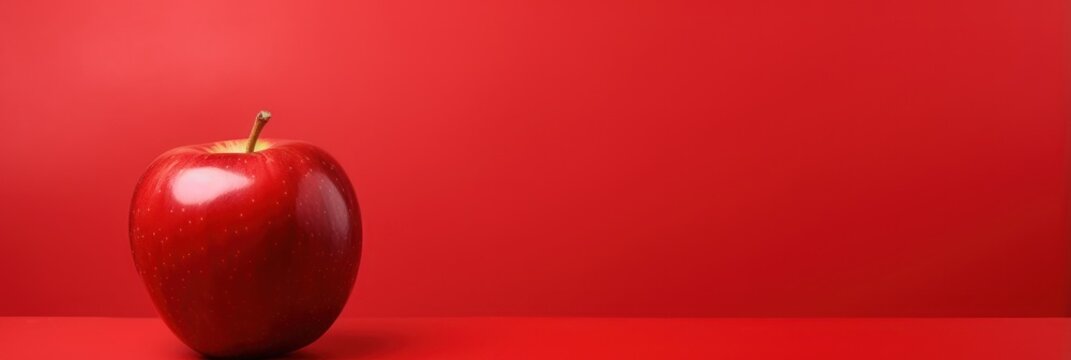 Ripe juicy apple on red background, wide horizontal panoramic banner with copy space, or web site header with empty area for text.