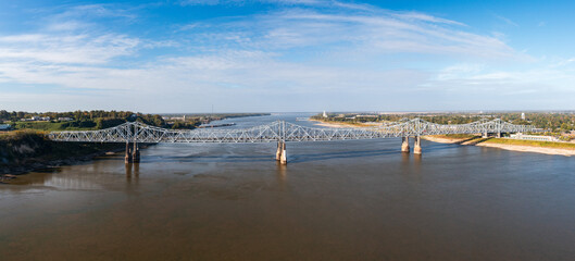 Extreme low water conditions on Mississippi river under John R Junkin bridge at Natchez MS in...