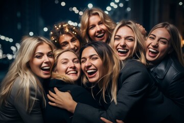 Fototapeta premium A Warm Group Hug Among Colleagues Celebrating New Year's Eve in the Office, Strengthening Bonds and Welcoming the Upcoming Year