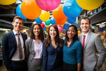 A Vibrant Office Group Celebrating the New Year with Colorful Lanterns, Smiles, and a Spirit of Togetherness