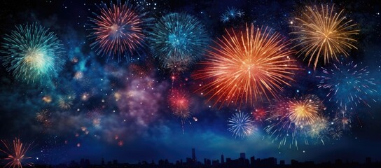 Fototapeta premium Multicolored fireworks on a dark background. Banner for the site. Place for text. Wallpaper for holidays. Festive light