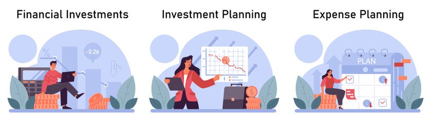 Financial planning set. Personal and family budget development, expense management. Investing money. Financial well-being. Flat vector illustration