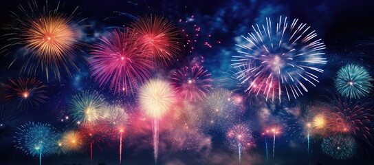 Fototapeta premium Multicolored fireworks on a dark background. Banner for the site. Place for text. Wallpaper for holidays. Festive light