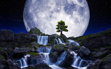 Mountain landscape with waterfall and full moon
