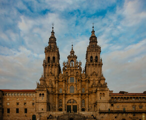 Fototapeta na wymiar Close-up of the impressive facade of the Gothic Cathedral of Santiago de Compostela, the last stop on the Camino de Santiago