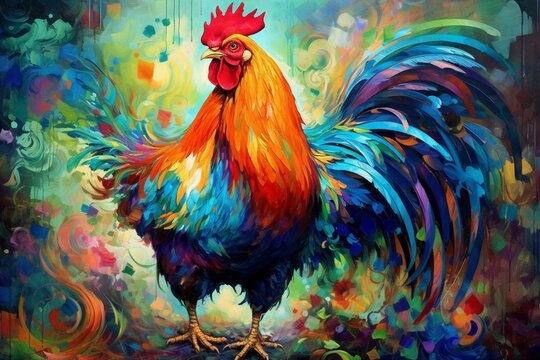 Colorful painting of a rooster standing alone. Generative AI