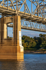 Clearance gauge shows extreme low water conditions on Mississippi river under John R Junkin bridge at Natchez MS in October 2023