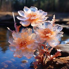 Ethereal Blossoms: Orange and Blue Glass Flowers in the Spotlight