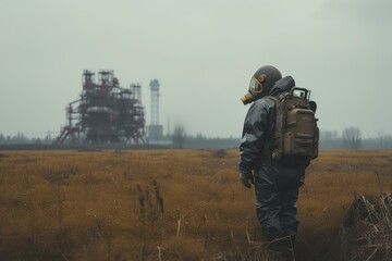 post-apocalyptic gloomy industrial landscape at moody weather with single person wearing chemical protective full-body heavy suit
