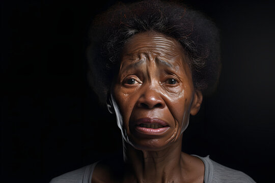Angry senior African American woman yelling, head and shoulders portrait on black background. Neural network generated image. Not based on any actual person or scene.