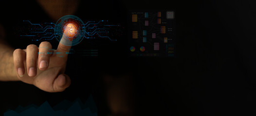 People use virtual artificial intelligence icons to scan fingerprints, concepts, management, change, and financial security. Banks, artificial intelligence, global connectivity, and  copy space