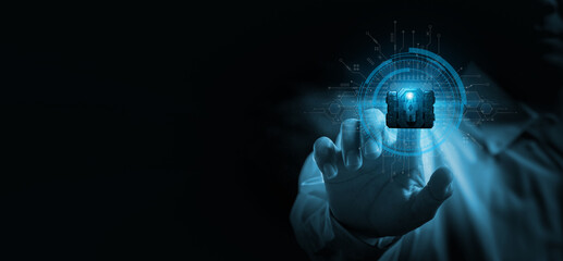 A man is touching a virtual lock, the concept of management, changing things. , Security, Finance, Banking, Globally Connected AI Systems and Digital Software Development, Algorithms, Metaverse 