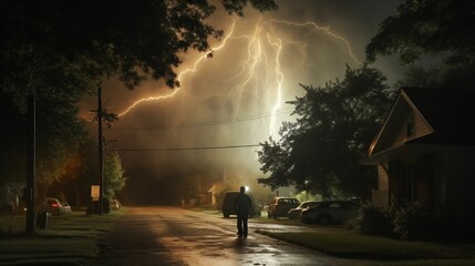 night, suburban street, man getting struck by lightning turning into dust floating into the night air, realistic