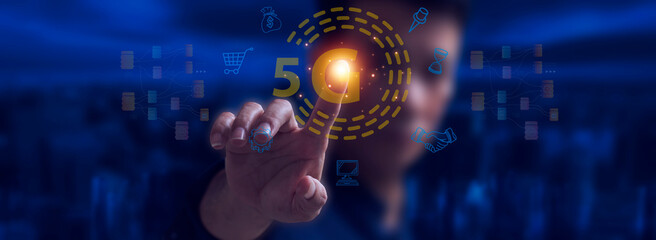 Person in contact. 5G icon. Virtual screen. To scan fingerprints, the concept of management changes things. , Security, finance, banking, AI systems connected around the world