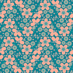 Seamless pattern, ornament with pink poppies on a turquoise background. Digital illustration. Suitable for interior, wallpaper, fabrics, clothing, stationery.