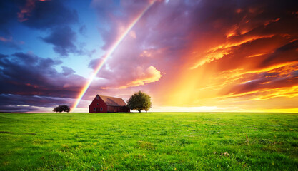 Rainbow over old red barn with meadow with cloudy sunset skies 