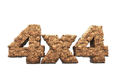 Text "4x4" made of clay in 3D render. Earth effect demonstrating a conceptual idea of adventure and adrenaline in 4x4 off road vehicles. © wesleyyaya