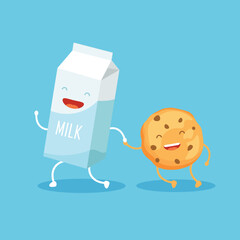 Cute characters of cookie and a package of milk. Better together concept. Friends forever. Vector illustration in a cartoon style.