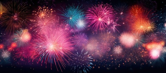 Multicolored fireworks on a dark background. Banner for the site. Place for text. Wallpaper for holidays. Festive light